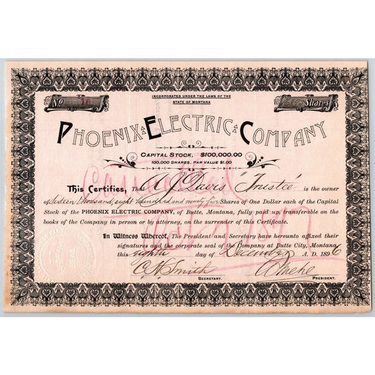 Butte, MT Phoenix Electric Co. 1896 Stock Certificate 16,895 Shares - A.J. Davis