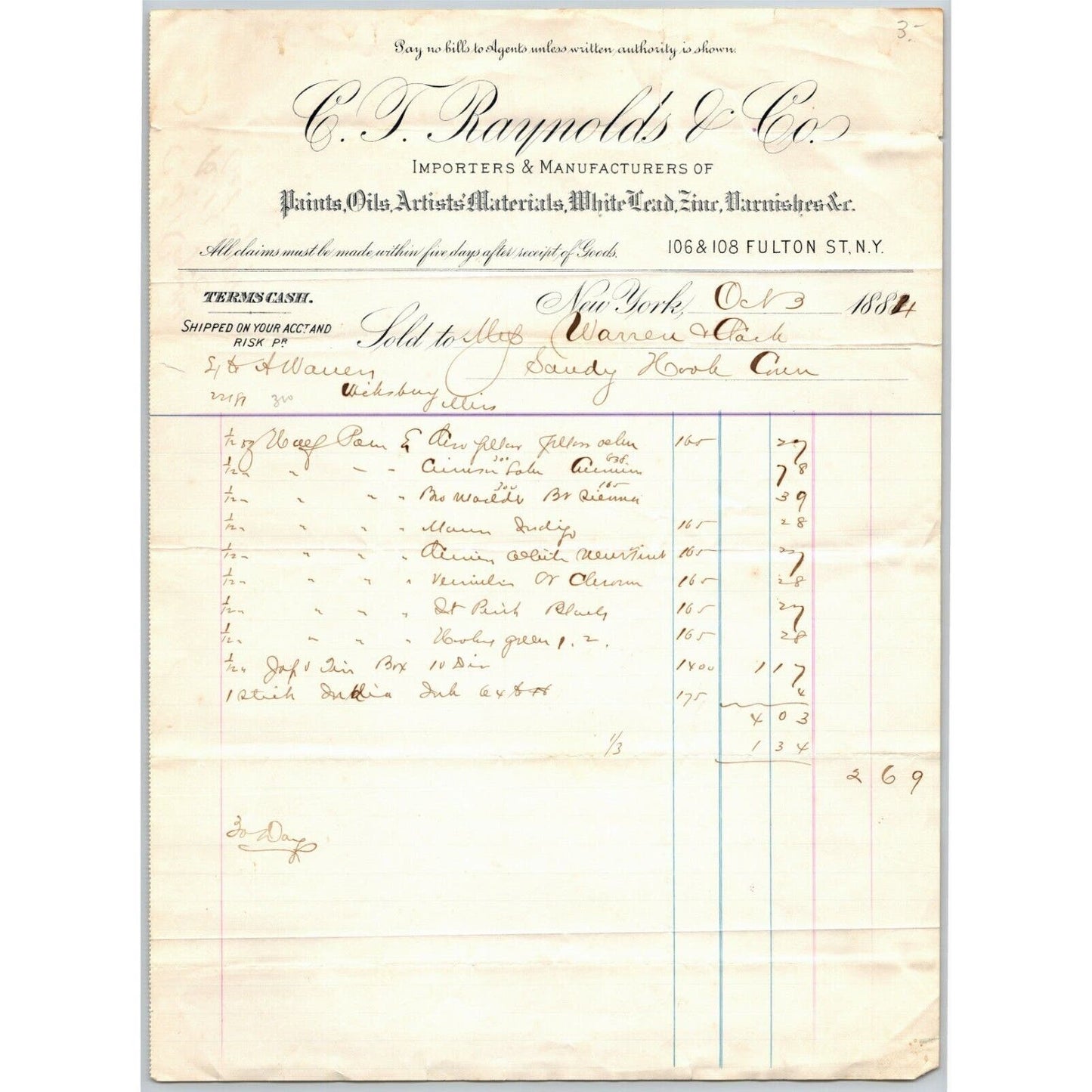 C.T. Reynolds & Co. NY, NY to Glover, Warner & Clarke Sandy Hook Letterhead 1884