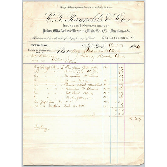 C.T. Reynolds & Co. NY, NY to Glover, Warner & Clarke Sandy Hook Letterhead 1884