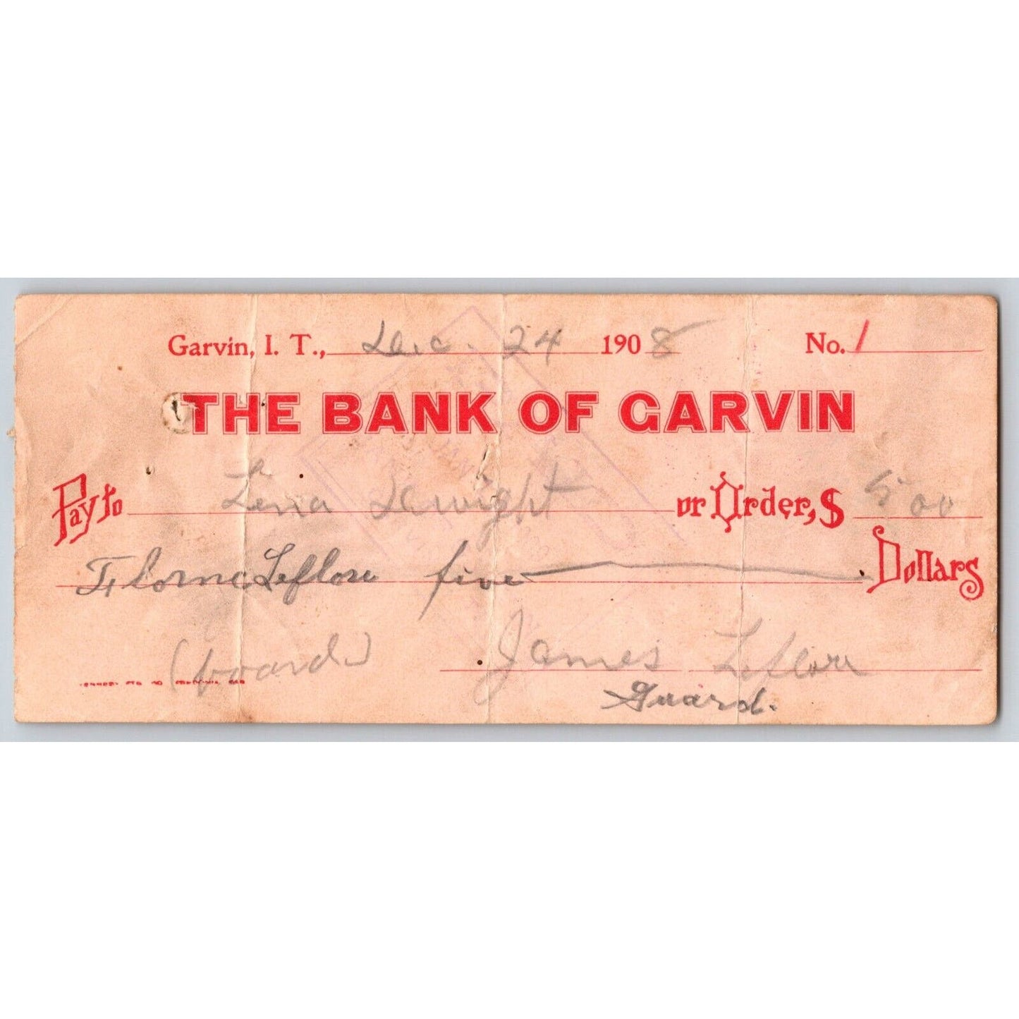 Garvin Oklahoma 1908 Bank Check - Scarce