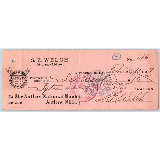 Antlers, OK 1917 S.E. Welch Attorney "Antlers National Bank" Check - Scarce