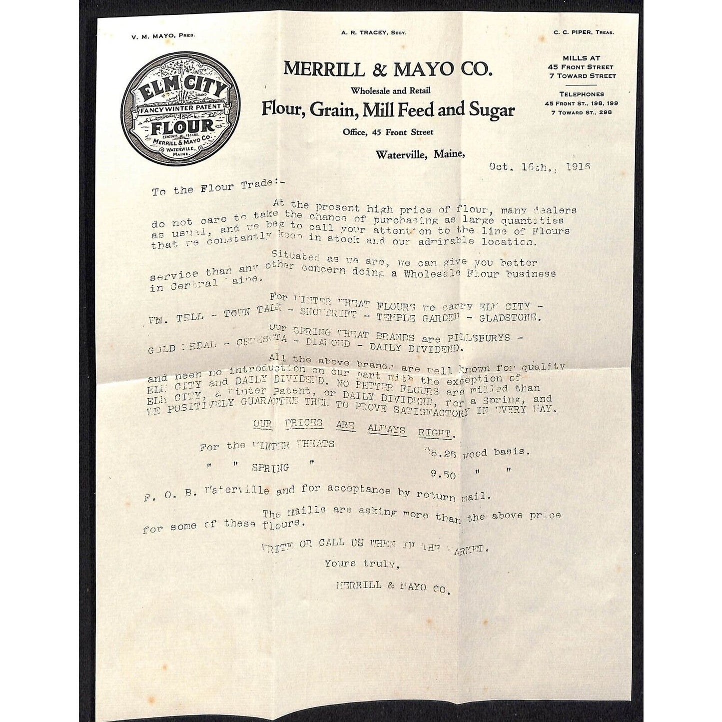 Newburgh, ME Amos W. Knowlton* 1916 Waterville, ME Elm City Flour Merrill & Mayo