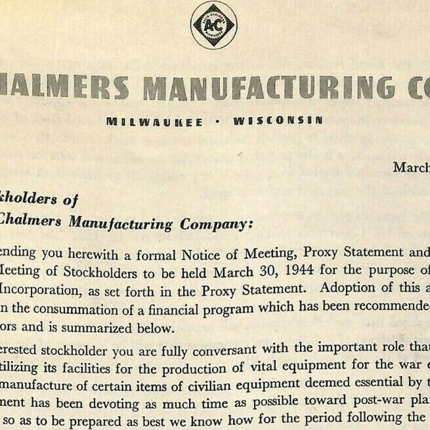 Allis-Chalmers 1944 Financial Statement 38pp VGC / EXC