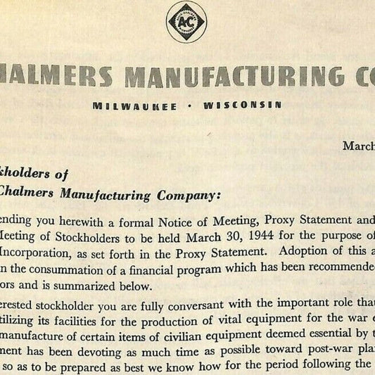 Allis-Chalmers 1944 Financial Statement 38pp VGC / EXC