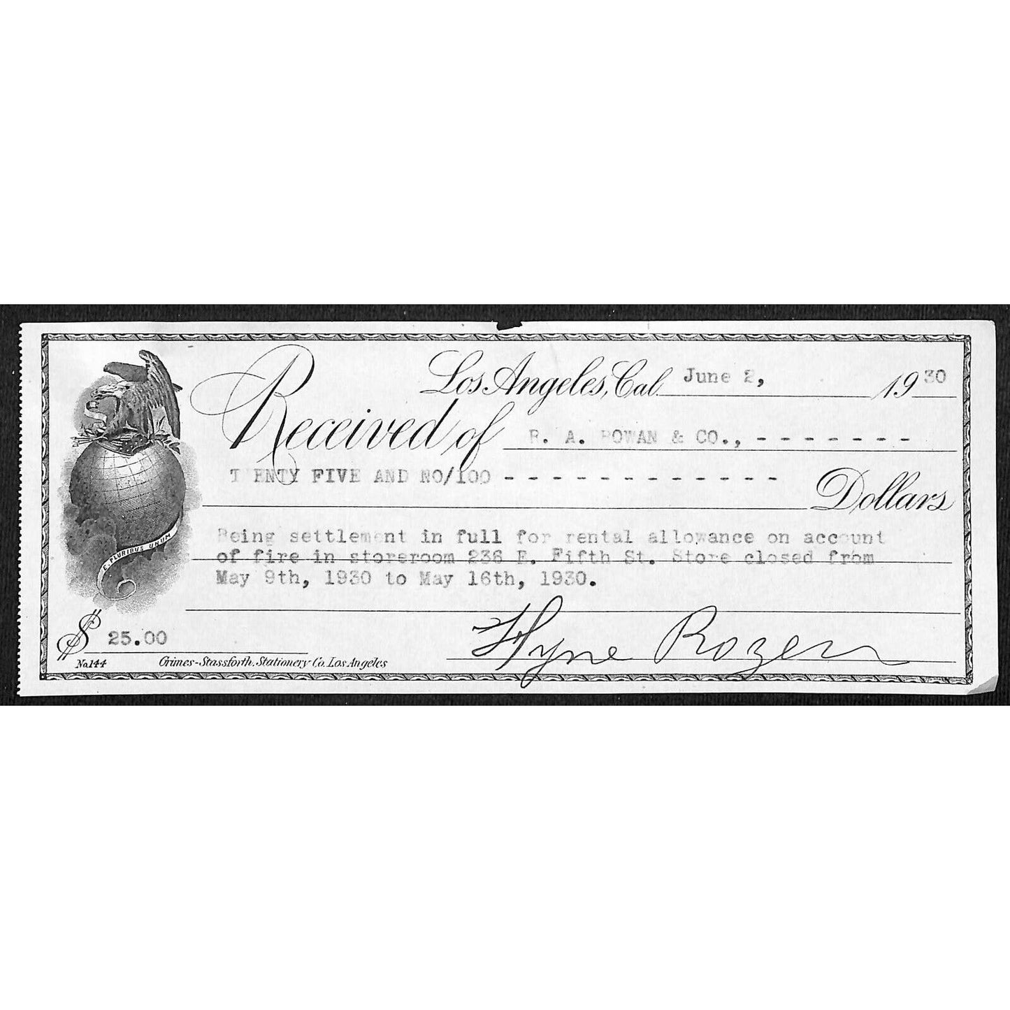 Los Angeles 1930 R.A. Rowan Co. - $25 Rental Allowance for Fire Receipt Eagle
