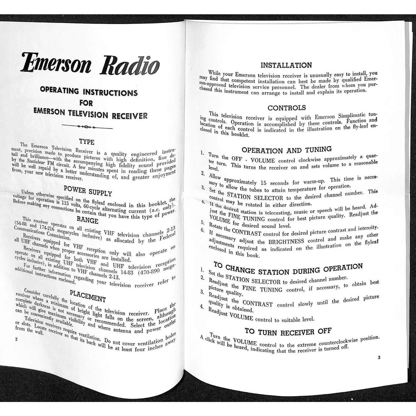 Emerson Television Operating Instruction Manual / Pamphlet c1950's? 7pp + Env.