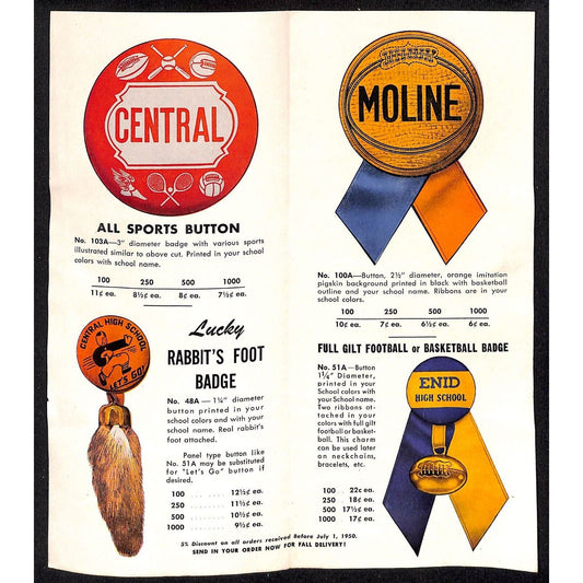 1950 Philadelphia Badge Co. School Football Booster Pinback Button Flyer Sheet