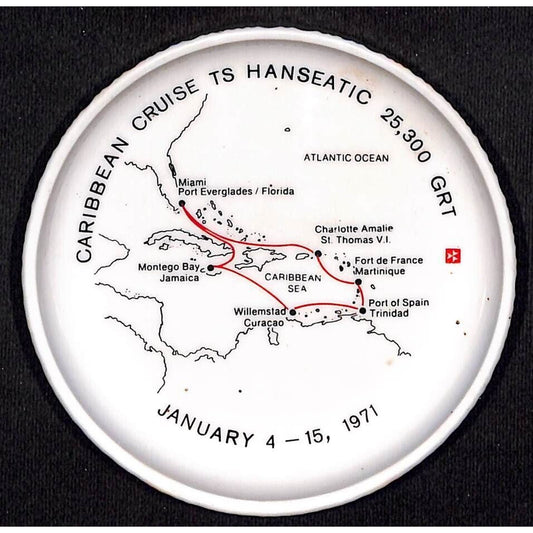 Caribbean Cruse TS Hanseatic Hamburg AL 1971 Ceramic Tip Tray w/ Route Map VGC