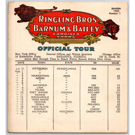 1950 Ringling Bros Barnum Bailey Circus Route Card Akron Pittsburgh Toledo