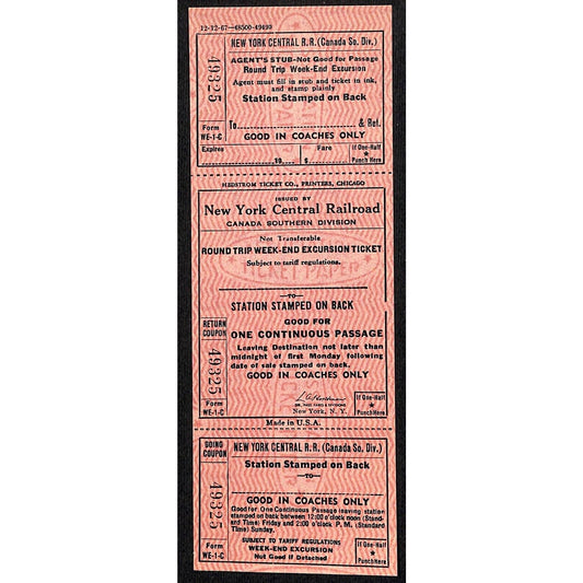 New York Central Railroad RR Canada Unused SAMPLE Excursion Ticket c1967 #49325