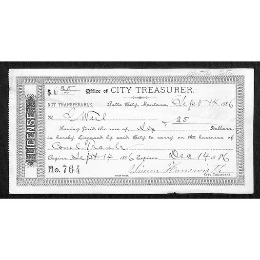 Butte City Montana City 1886 Treasurer Business License Payment Receipt