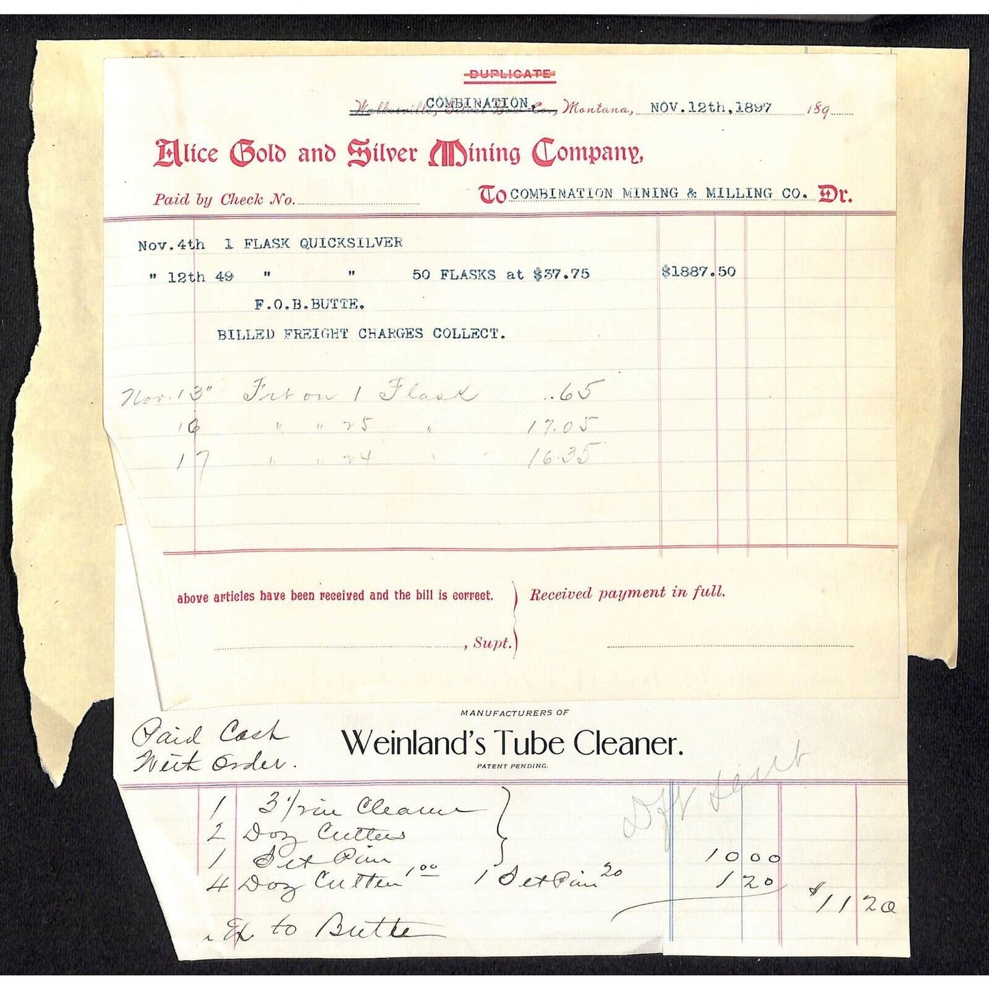 Alice Gold and Silver Mining Company / Weinland's Tube Cleaner 1897 Billheads