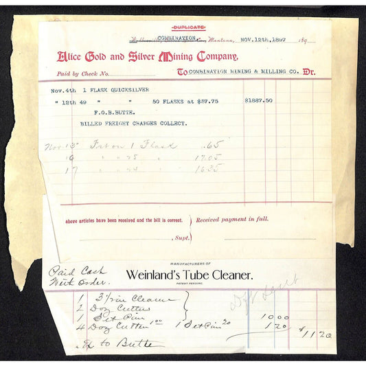 Alice Gold and Silver Mining Company / Weinland's Tube Cleaner 1897 Billheads