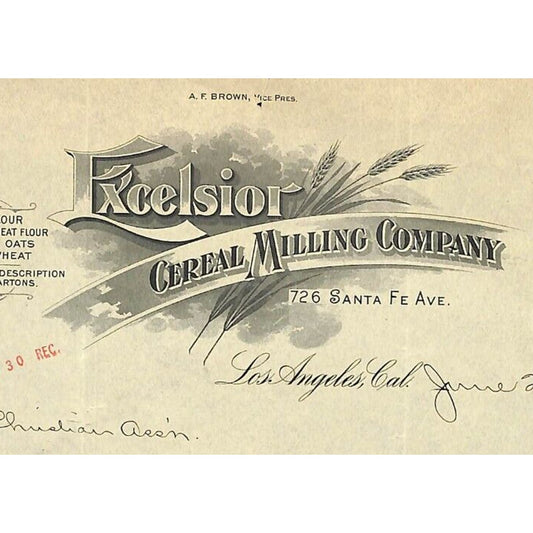 Excelsior Cereal Milling Company YMCA Los Angeles 1911 Letterhead re: ALS