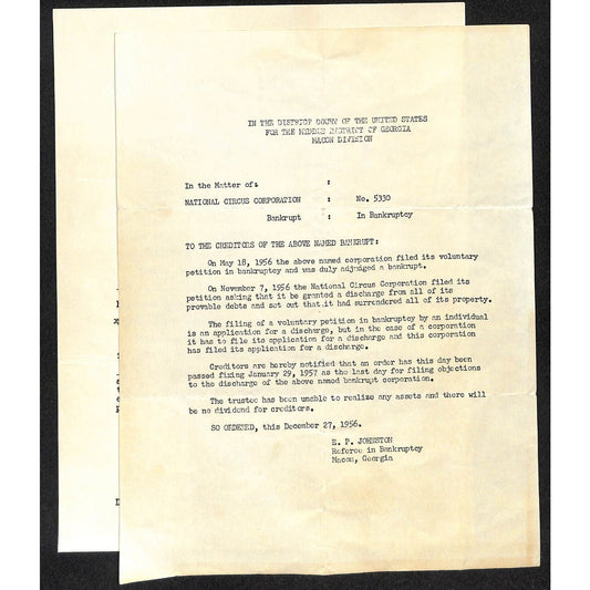 1956 National Circus Corporation Bankruptcy c1956 Copy Pages - 2 Sheets