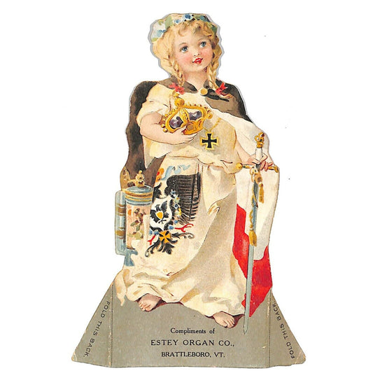 Estey Organ Brattleboro, VT Girl w/ Crown Sword Stein Lg. Victorian Trade Card