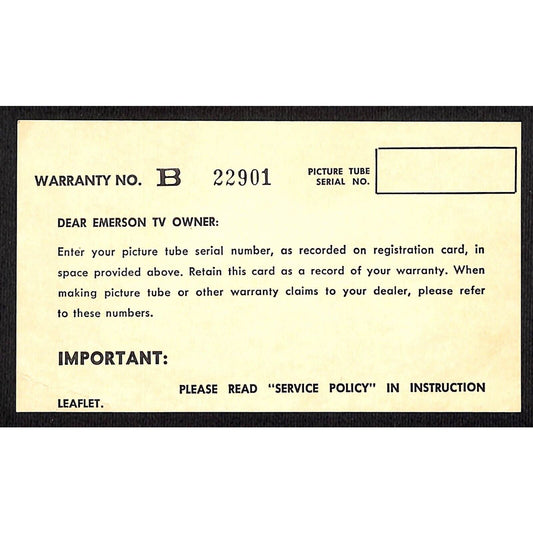 Emerson Radio c1956 Registration / Warranty Card VGC
