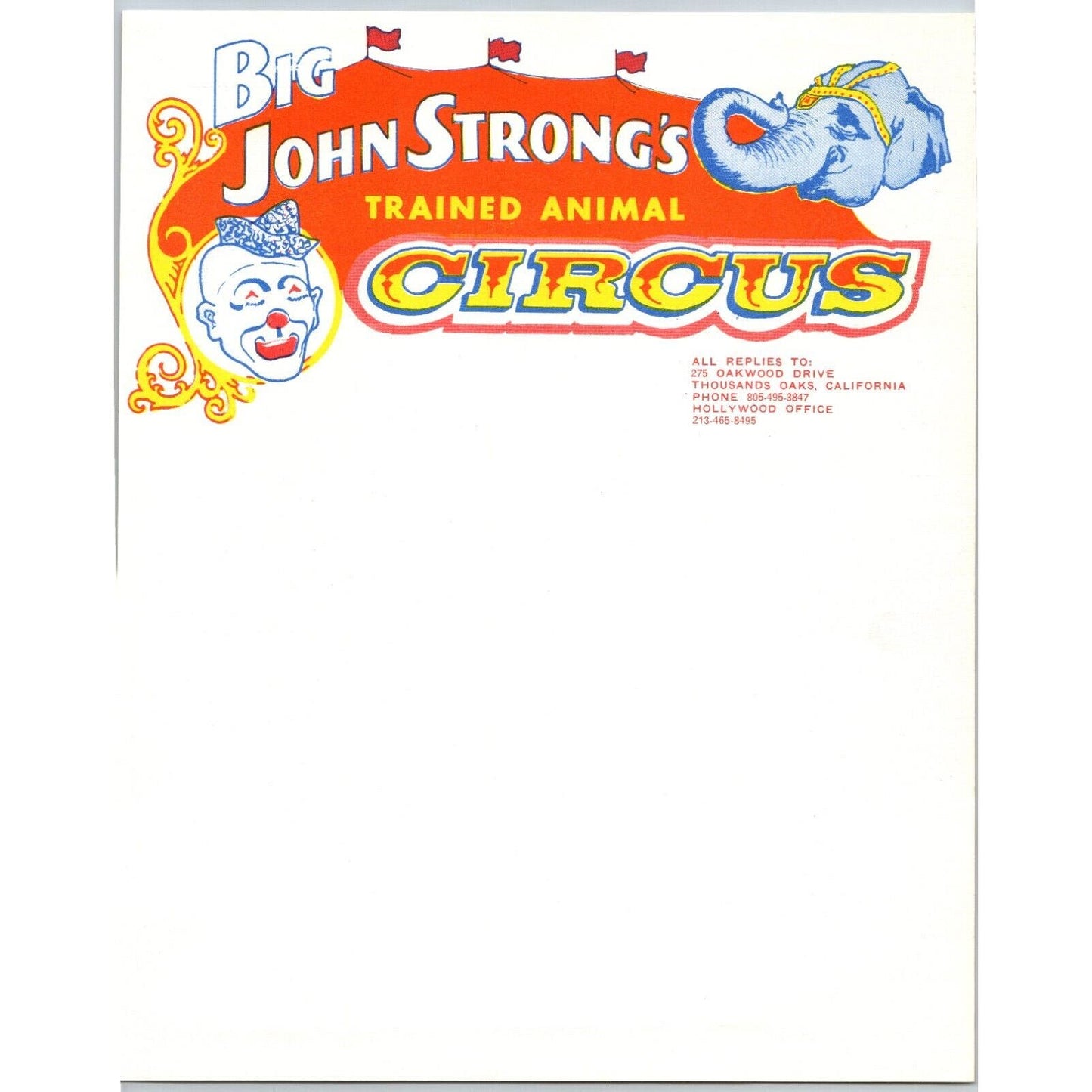 Big John Strong's Trained Animal Circus Letterhead c1965-9 Clown Elephant Scarce