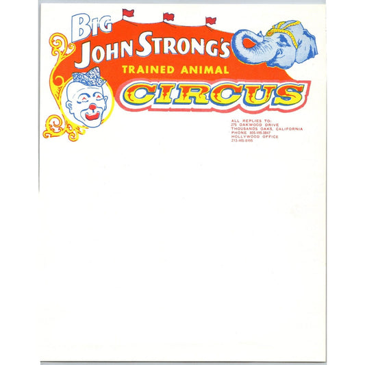 Big John Strong's Trained Animal Circus Letterhead c1965-9 Clown Elephant Scarce