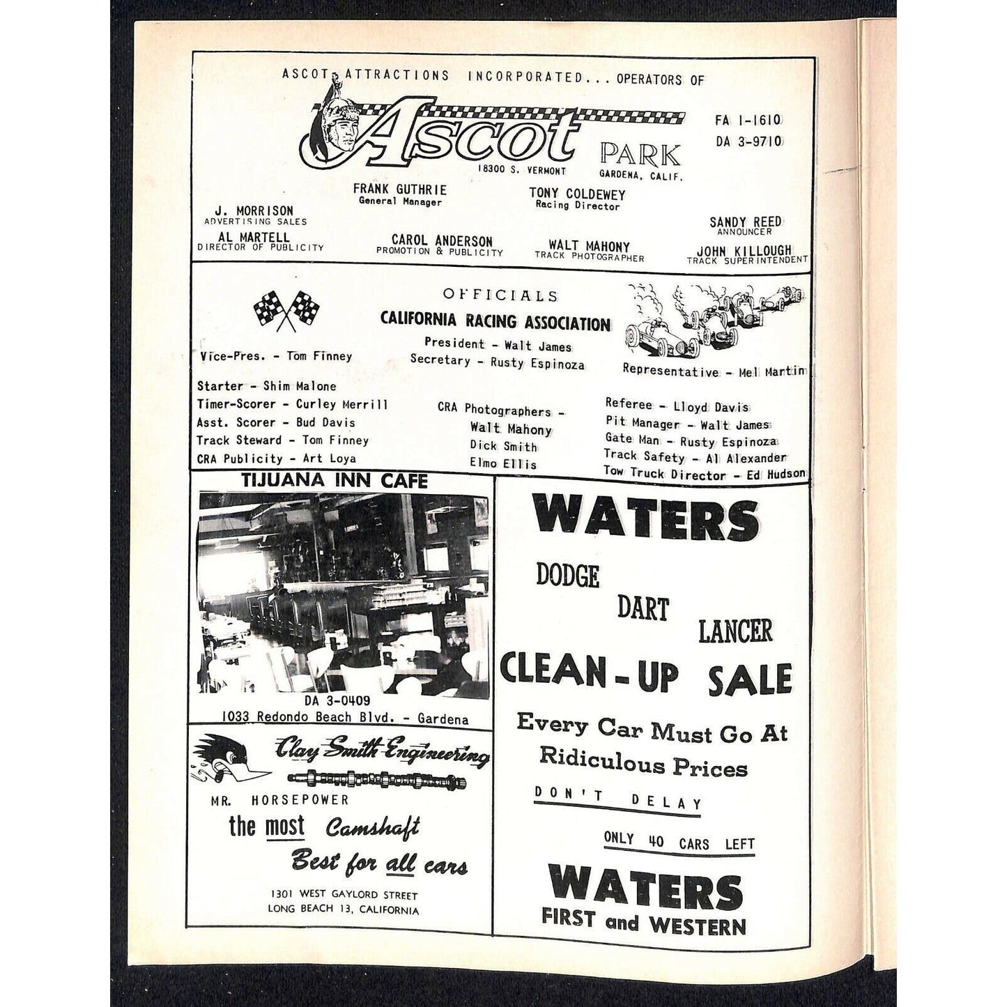 Scarce Sept 9 1964 Big Car Auto Racing Championship CRA Program Ascot 12pp.
