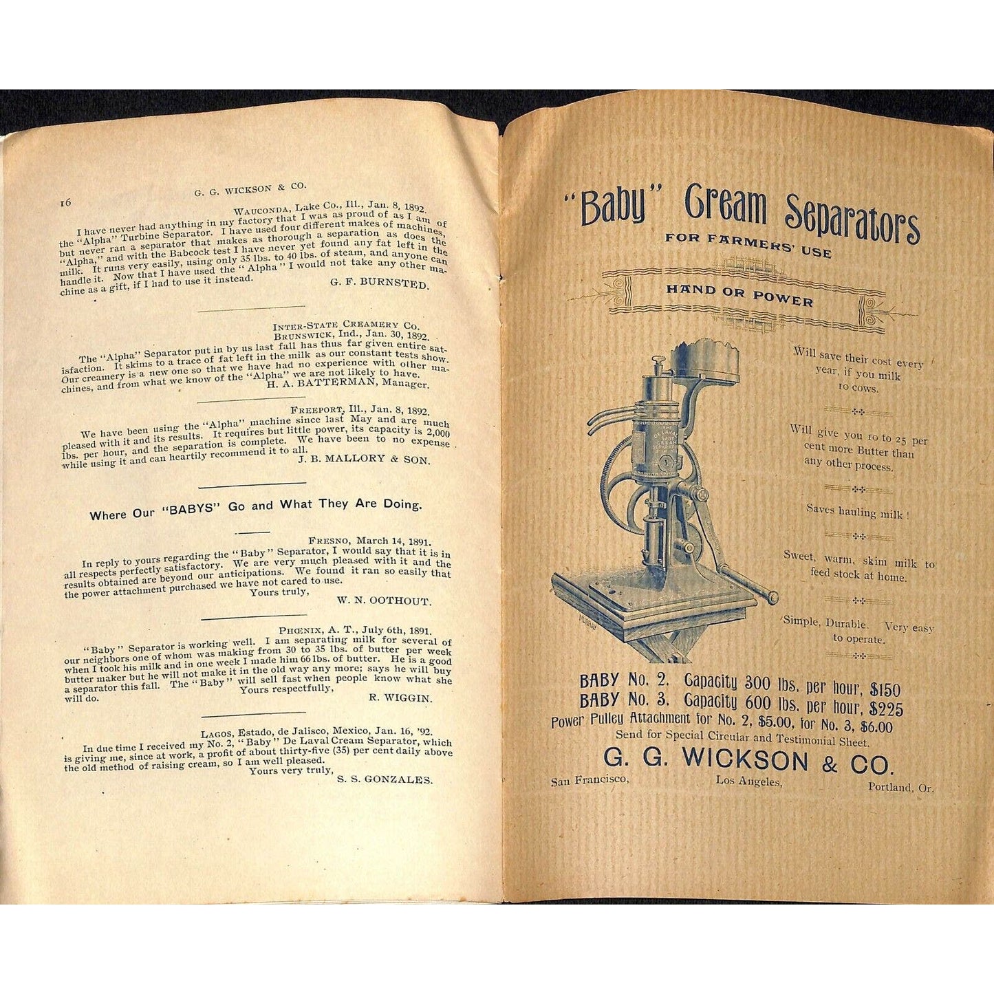 Scarce 1892 "De Laval Cream Separators Catalog" Wickson Los Angeles, CA 16pp VGC