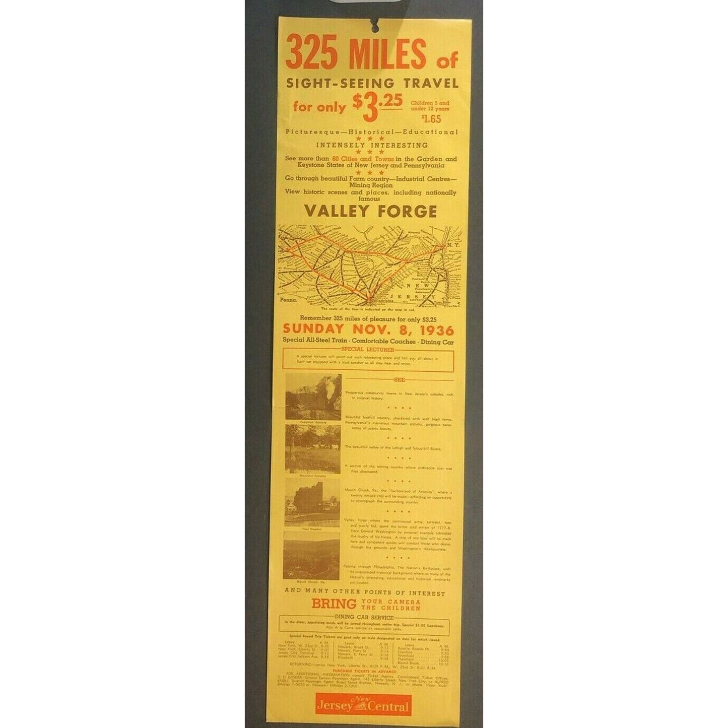 Vintage 1936 New Jersey Central Railroad Broadside Valley Forge "325 Miles"