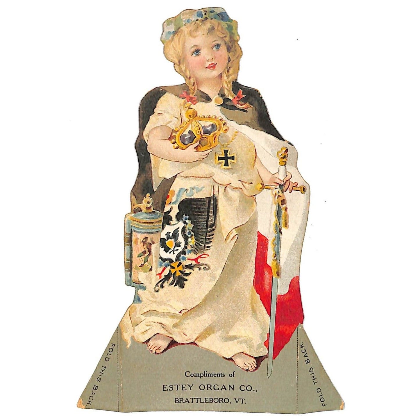 Estey Organ Brattleboro, VT Girl w/ Crown Sword Lg. Victorian Trade Card