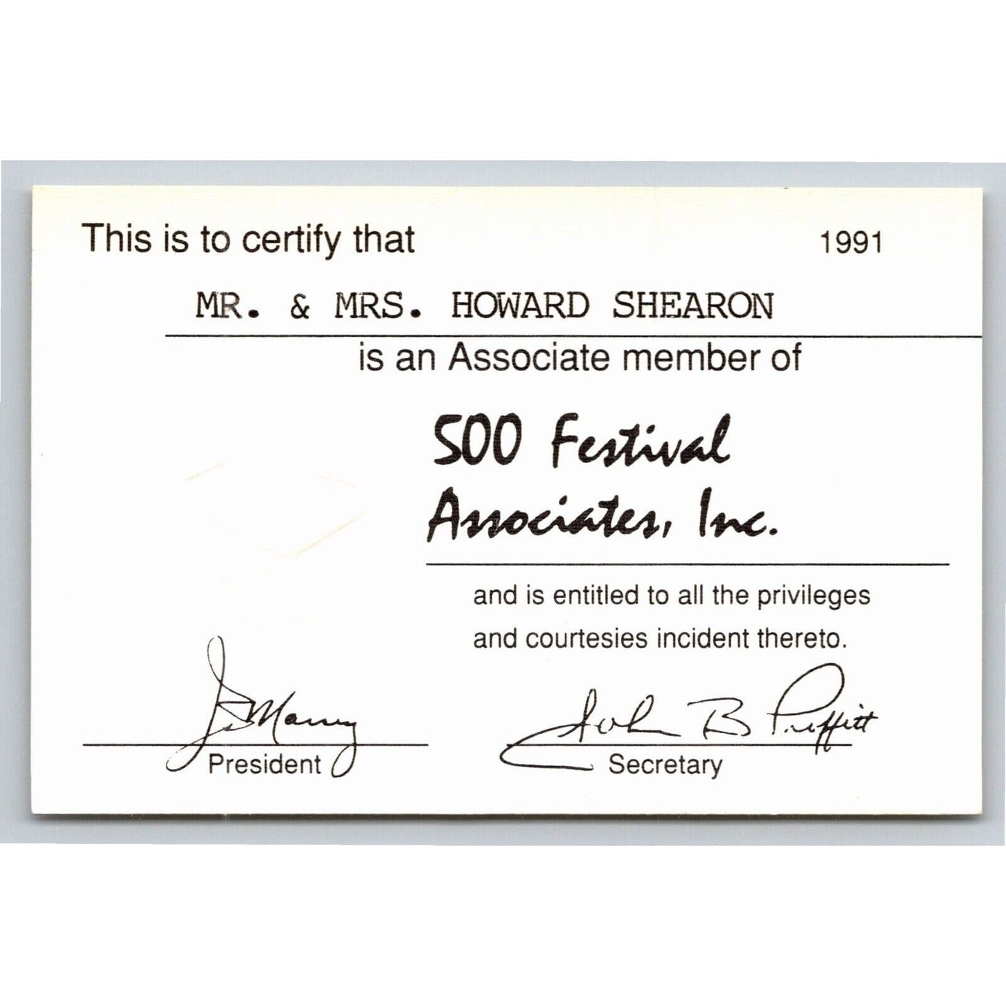 1991 Indy 500 "500 Festival Associates" ID Membership Card Indianapolis IMS