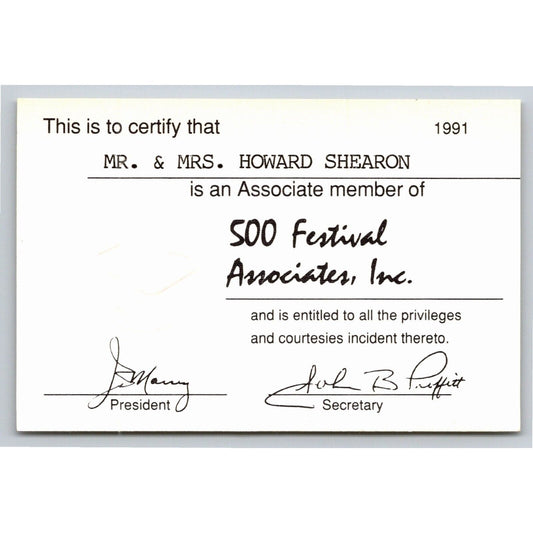 1991 Indy 500 "500 Festival Associates" ID Membership Card Indianapolis IMS