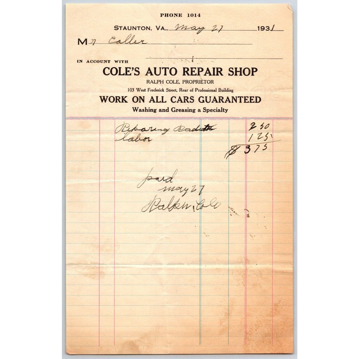 Staunton, VA Cole's Auto Repair Shop 1931 Billhead Ralph Cole