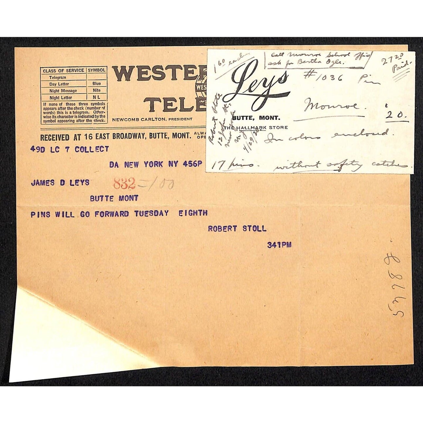 Leys Jewelry Butte, MT 1920 Western Union Telegram w/ Leys Envelope