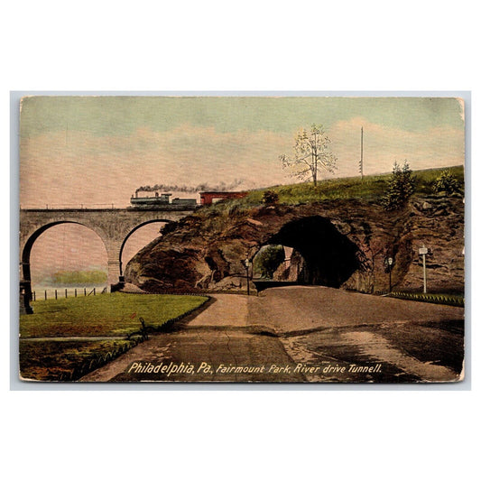 c1907 Philadelphia, PA Fairmount Park River Drive Tunnell Postcard Railroad