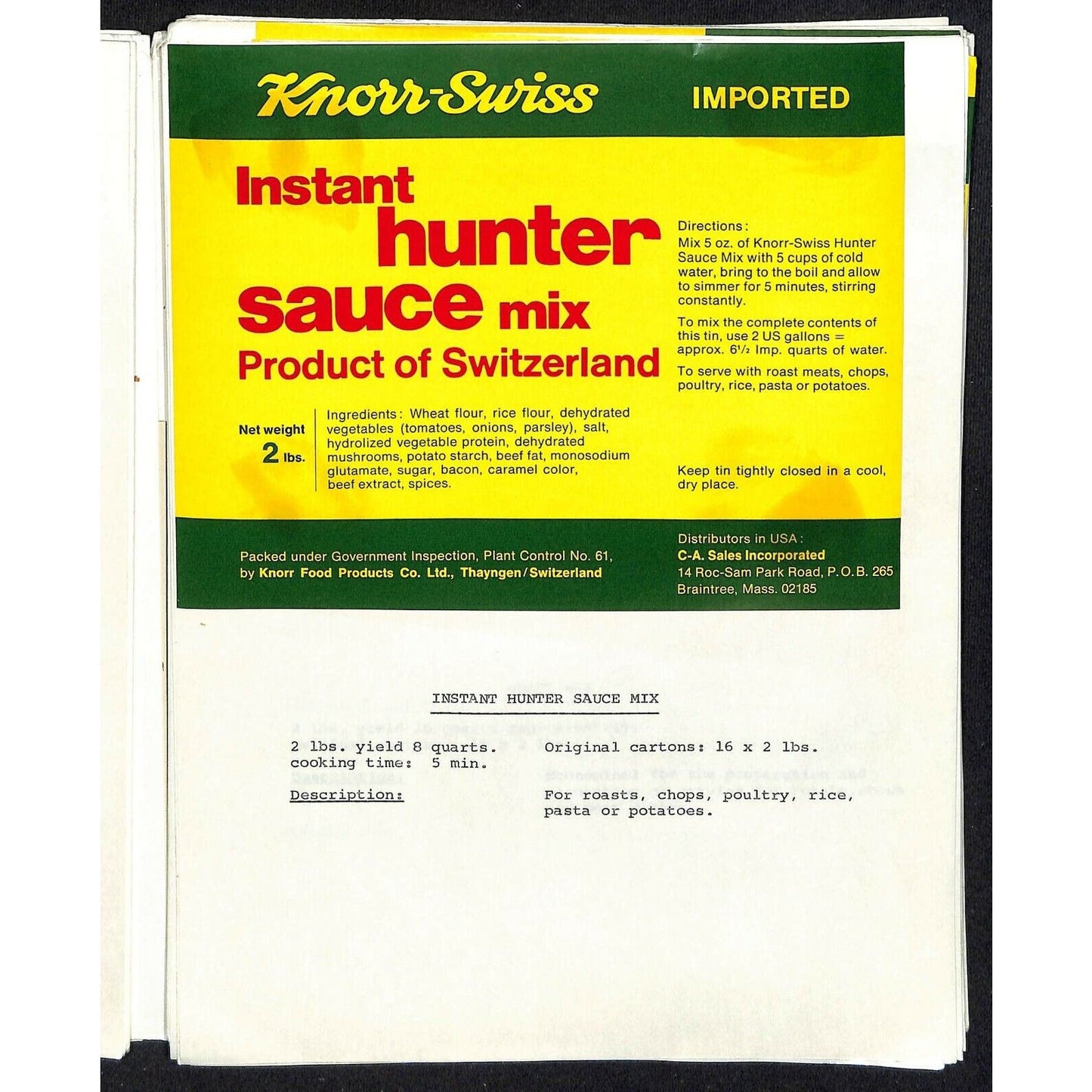 Knorr-Swiss Imported Food Service - Company Binder of 30+ Labels on Spec Sheets