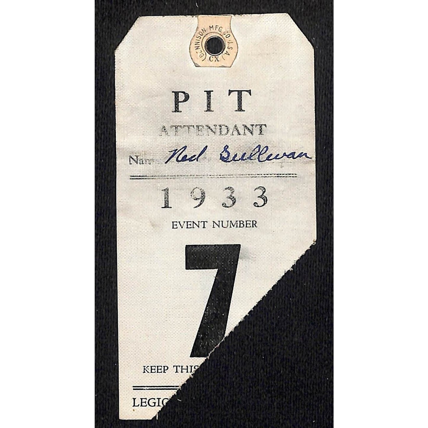 1933 Legion Ascot Speedway Pit Pass / Pit Attendant Event Number 7 VERY Scarce