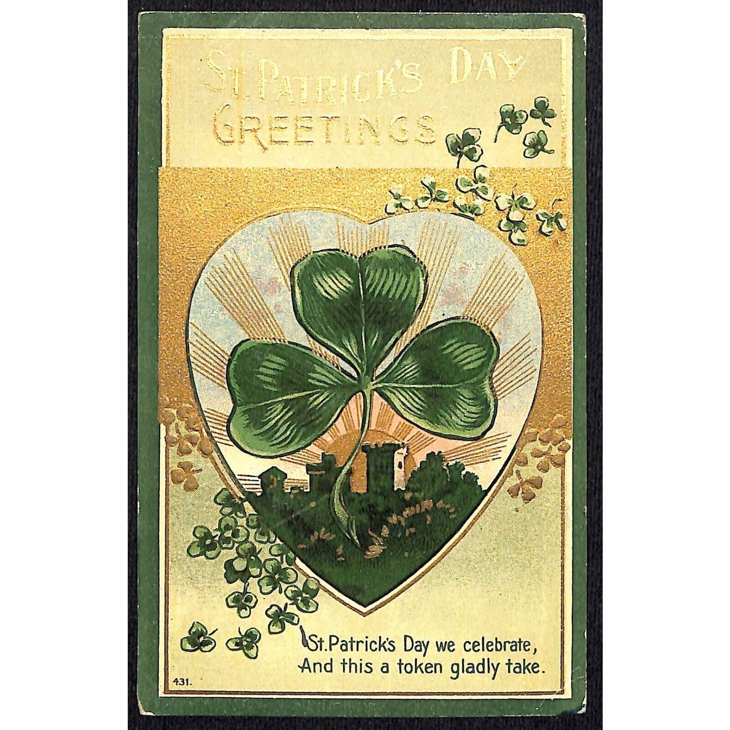 St. Patrick's Day Postcard "Greetings" w/ Clover Heart Castle NP c1910-1915