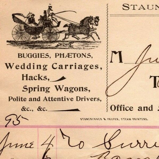 1895 Scarce Staunton Baggage Transfer Co. Wedding Carriage Hacks VA Letterhead