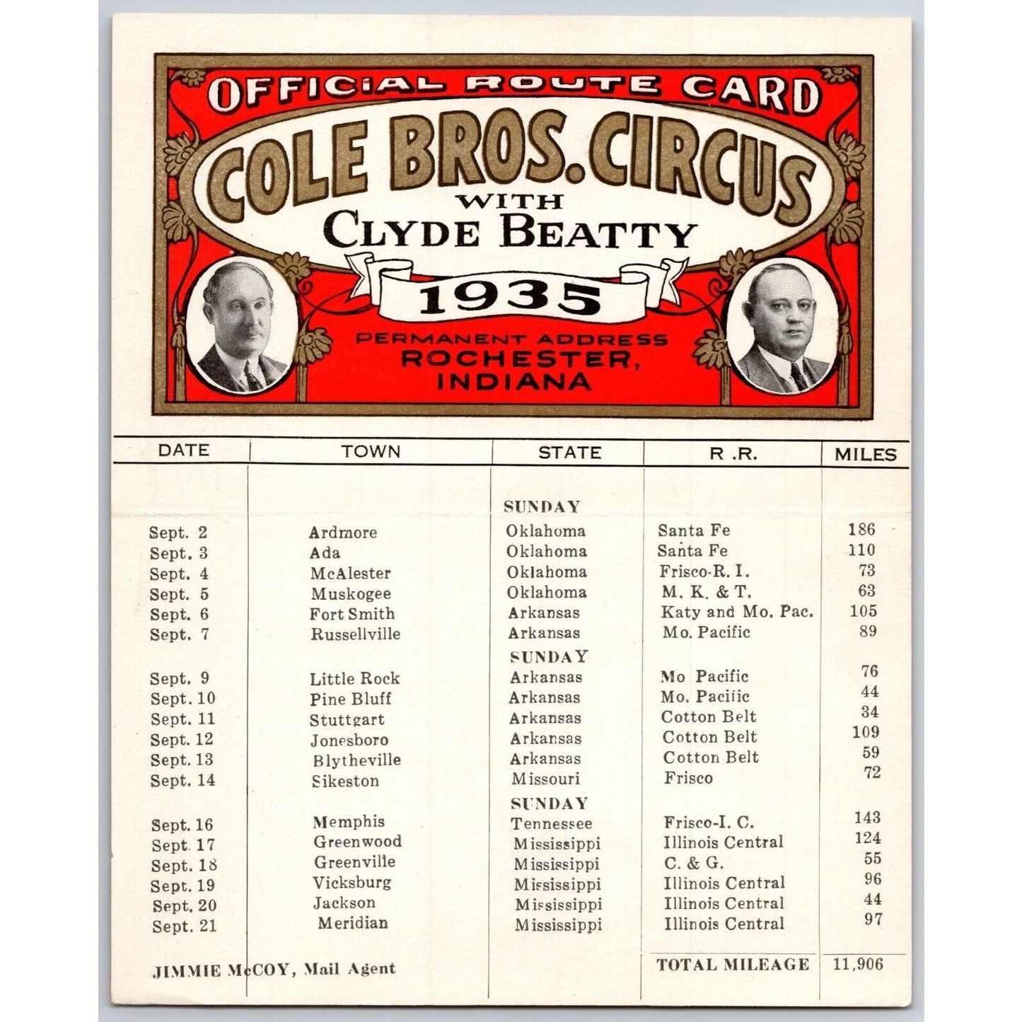 1935 Cole Bros with Clyde Beatty Circus Route Card OK AR MO MI TN