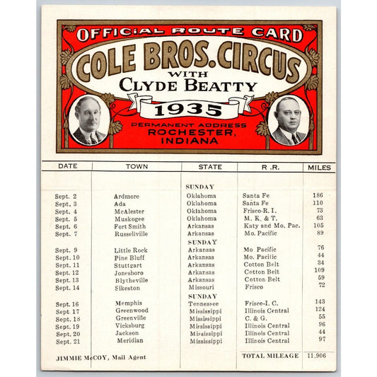 1935 Cole Bros with Clyde Beatty Circus Route Card OK AR MO MI TN