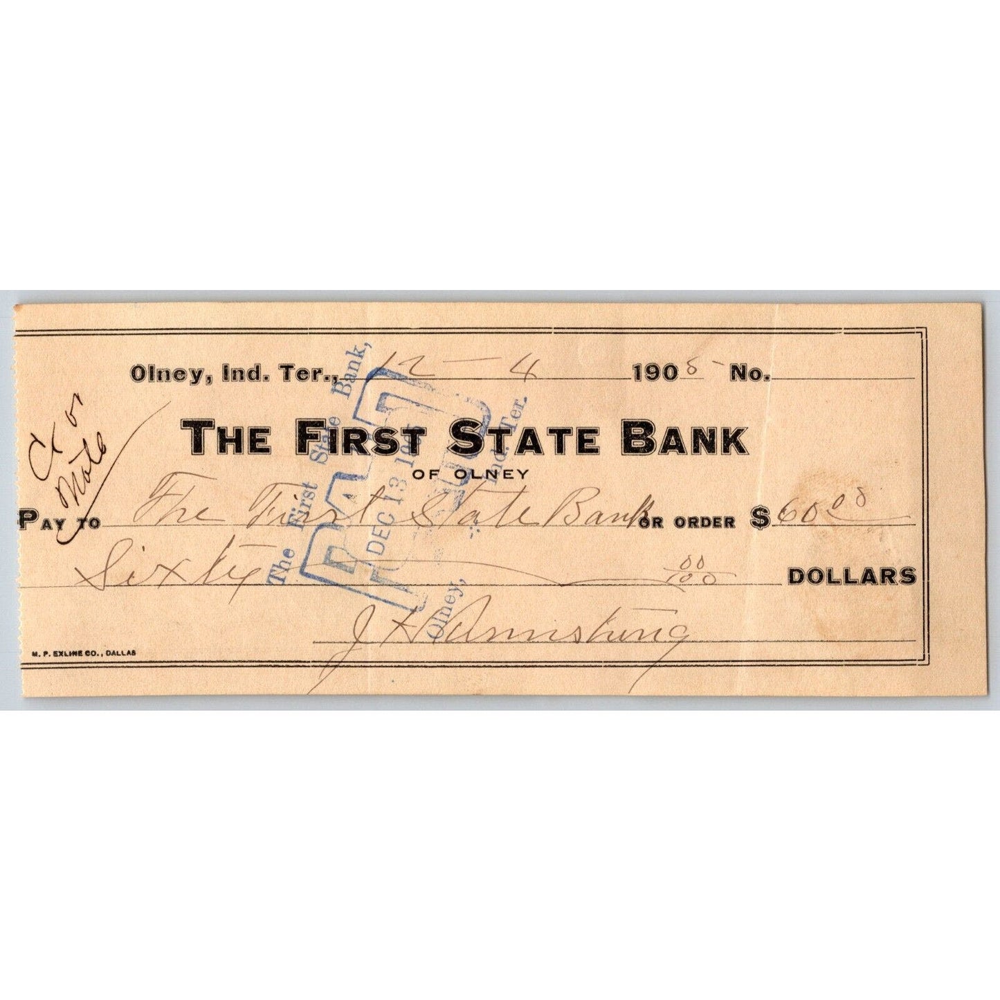 Olney, Okla. Indian Territory 1905 First State Bank Check - Ghost Town