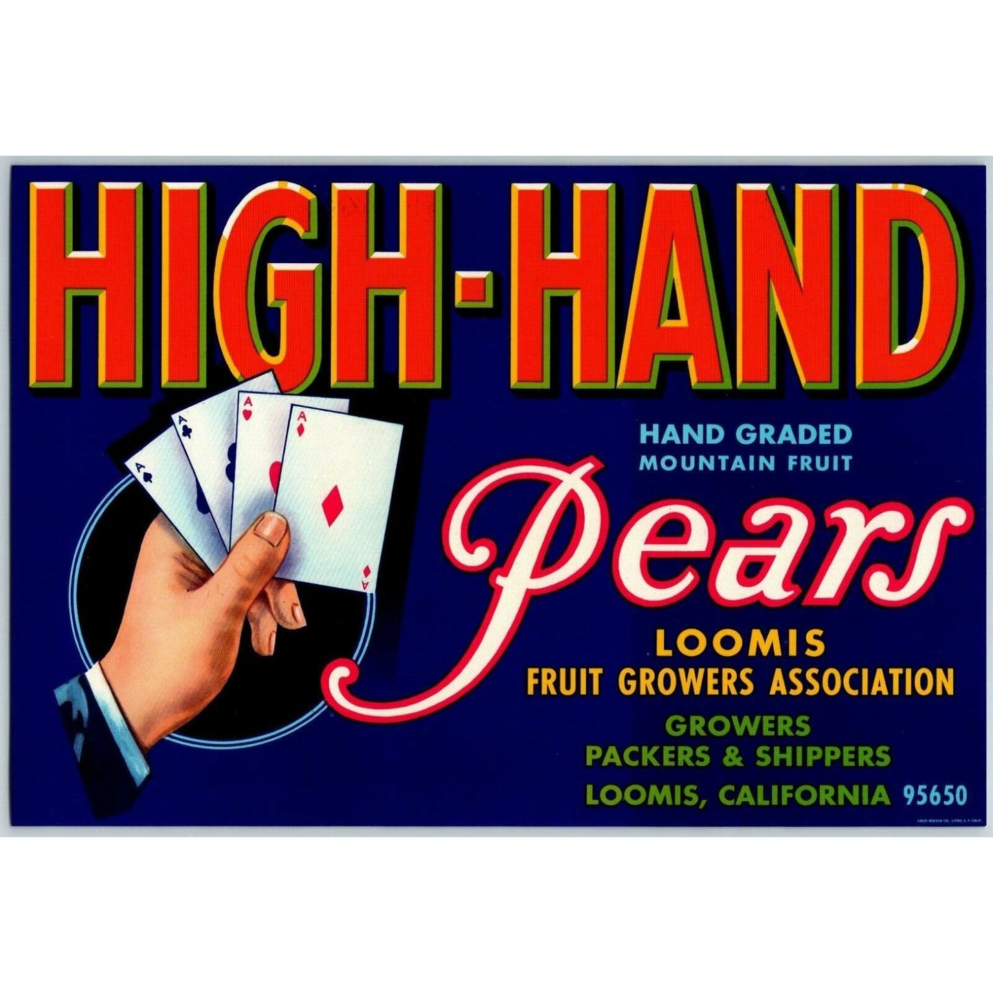 High-Hand Pears Vintage Original Paper Fruit Crate Label Four Aces Poker Cards