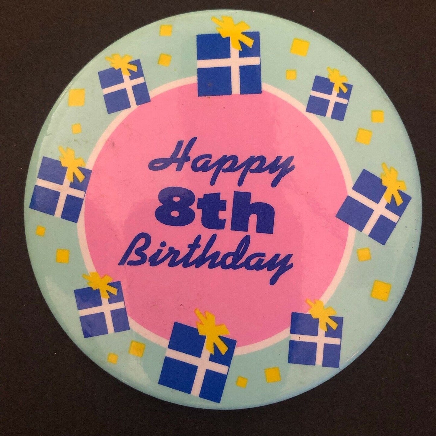 Vintage c1970's 3" Happy 8th Birthday" Wrapped Presents Steel Pin Back Button