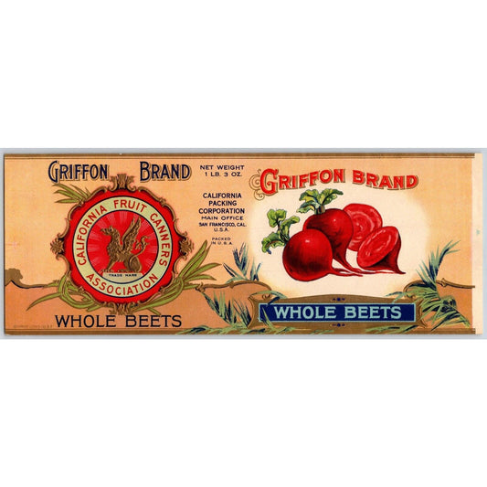 Griffon Whole Beets Paper Can Label Embossed Gold Ink c1920's Scarce