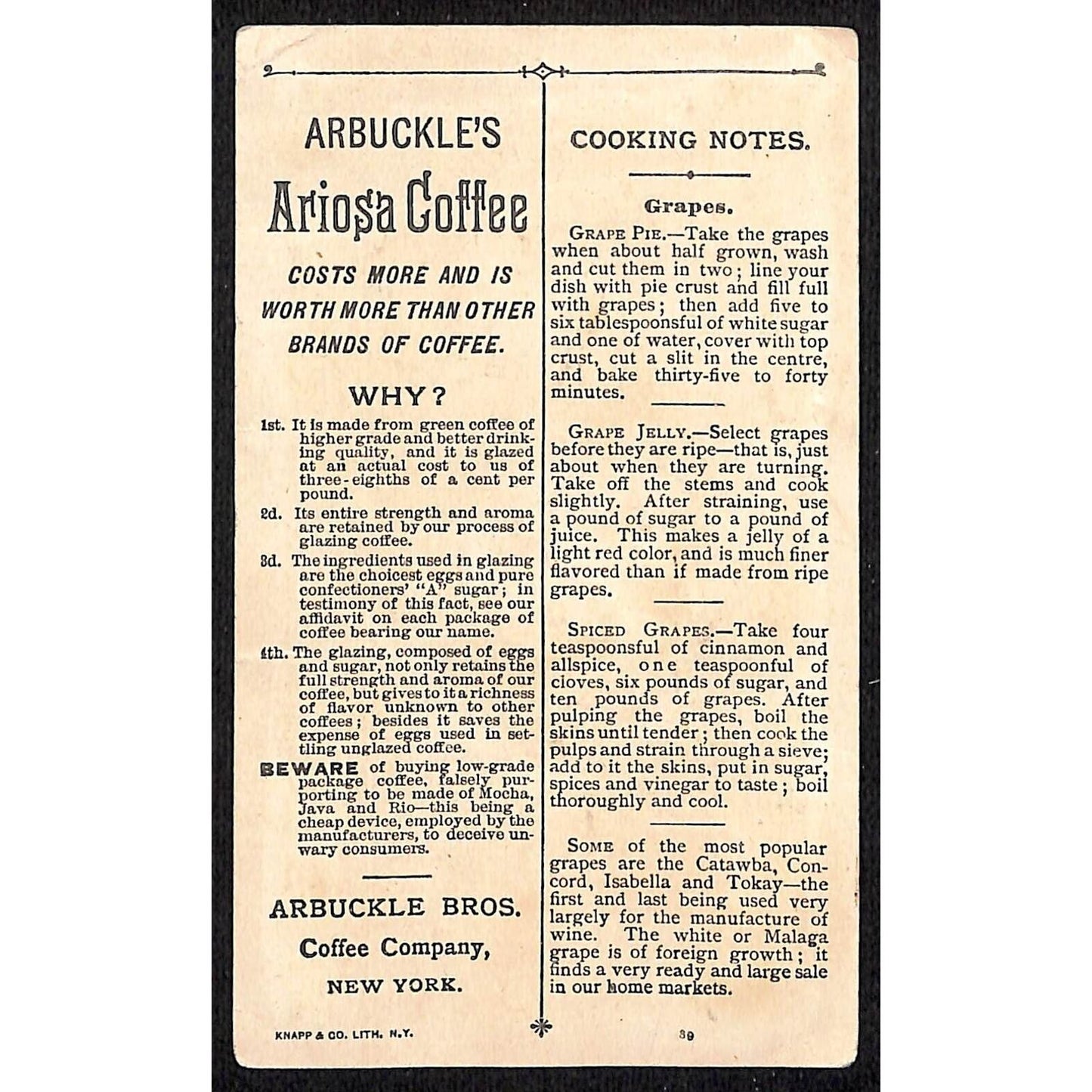 Arbuckle's Ariosa Coffee Victorian Trade Card Green Grapes on the Vine
