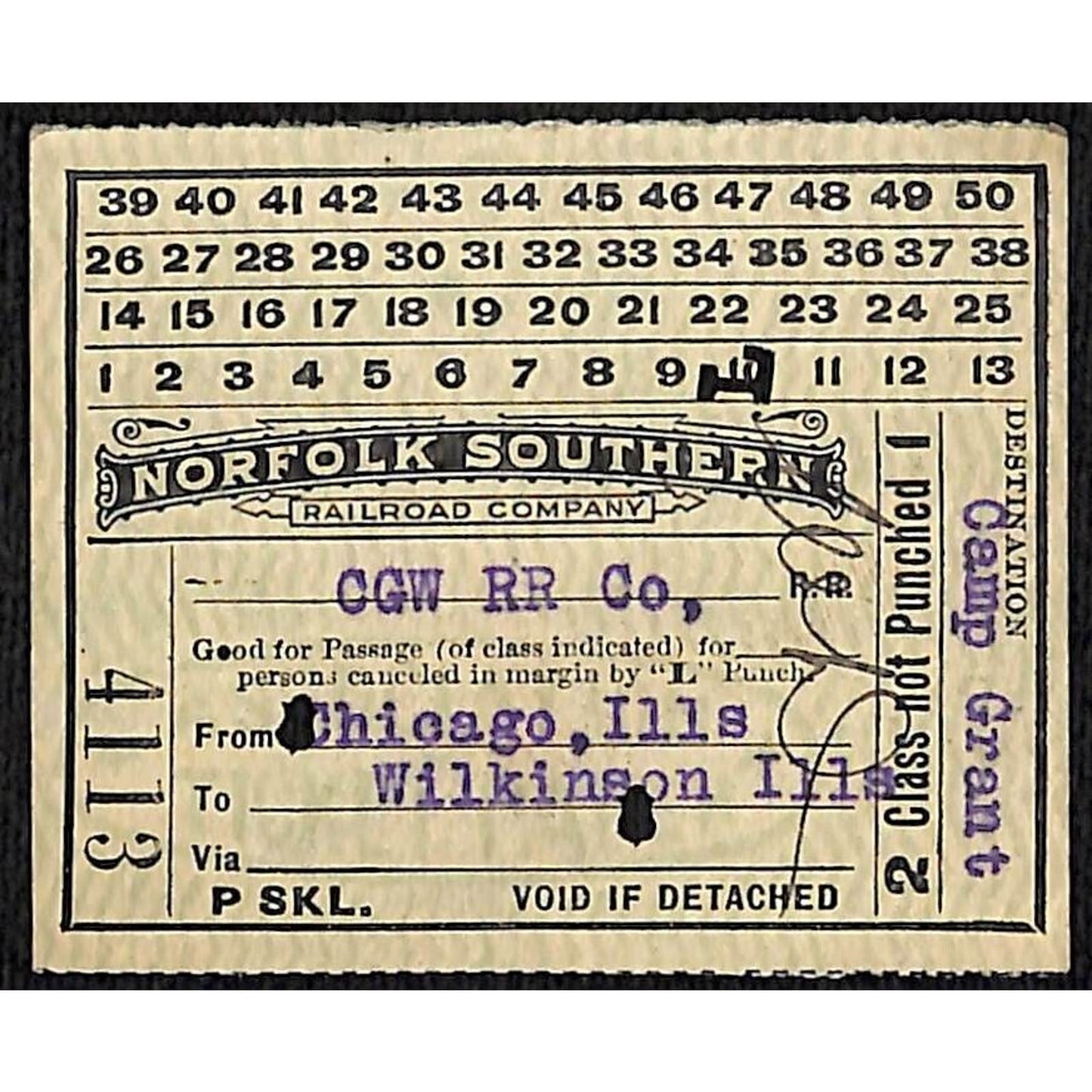 Norfolk Southern Railroad Ticket Chicago Wilkinson 1918 #4113 Scarce
