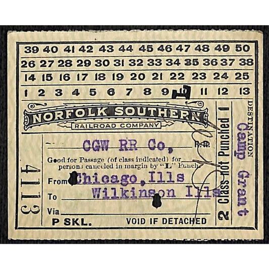 Norfolk Southern Railroad Ticket Chicago Wilkinson 1918 #4113 Scarce