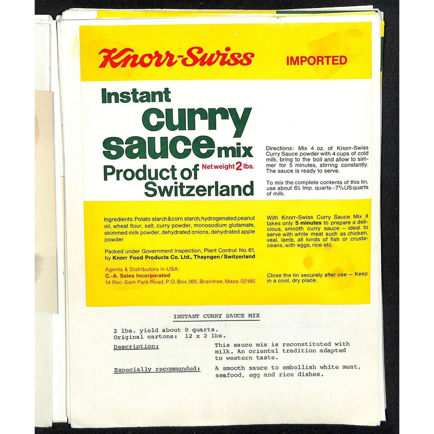 Knorr-Swiss Imported Food Service - Company Binder of 30+ Labels on Spec Sheets