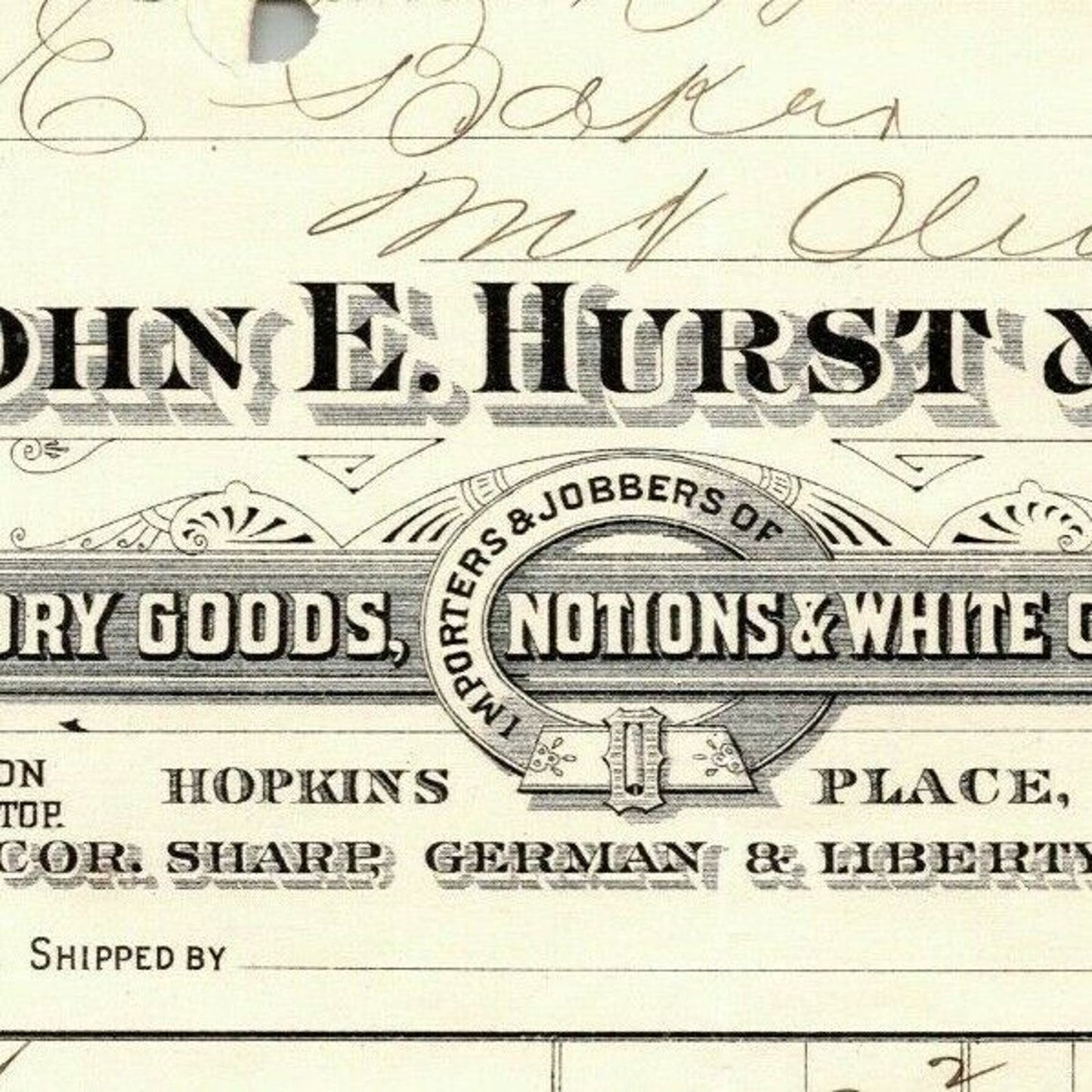 1899 Letterhead John E. Hurst Dry Goods Baltimore - Ephraim Baker*