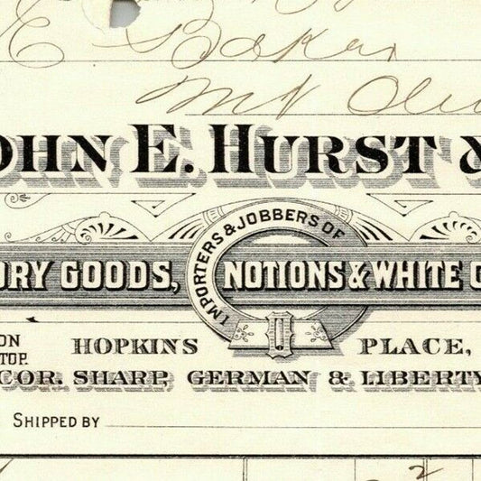 1899 Letterhead John E. Hurst Dry Goods Baltimore - Ephraim Baker*