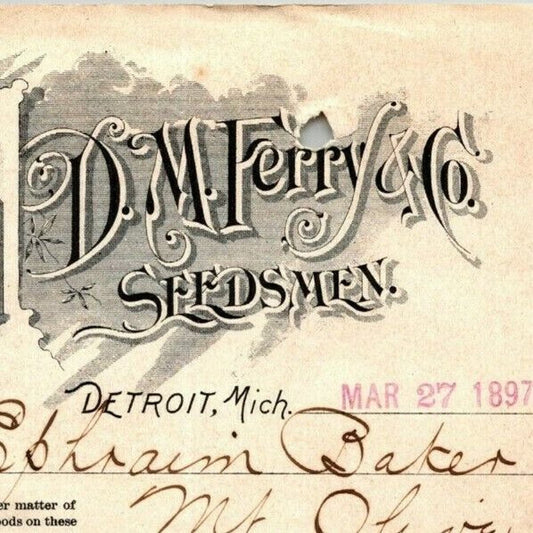 1897 Letterhead Billhead - D.M. Ferry Seeds Seedsmen Detroit - Ephraim Baker*