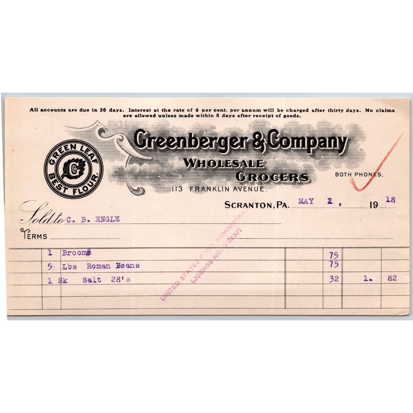 Scranton PA Greenberger & Co. Grocers 1918 "C.B. Engel" Billhead Roman Beans